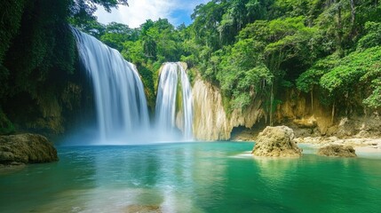 Fototapeta premium Serene Waterfall Cascading into Lush Green Pool