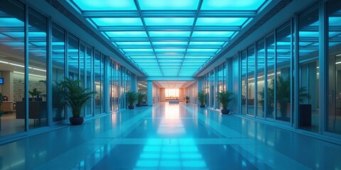 Fototapeta premium A modern, illuminated corridor with blue lighting and glass walls, showcasing a sleek design perfect for corporate, architectural, and interior design projects.