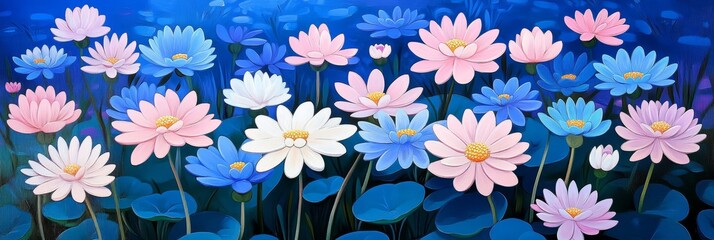 Serene Water Lily Garden - A vibrant garden showcasing various water lilies in pink, white, and blue shades, surrounded by lush green leaves.