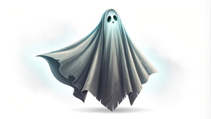 Spooky Halloween Ghost Figure Floating on a White Background for Festive Decoration. Generative AI