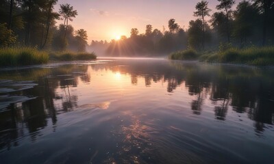 Obraz premium misty dawn on a serene river landscape with long exposure capturing the silk effect of water ripples, dawn, reflection