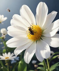 Obraz premium A single bee flies towards a large white flower, bees, fly