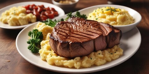Sizzling steak on a plate with a side of golden brown mashed potatoes, indulgent, homestyle