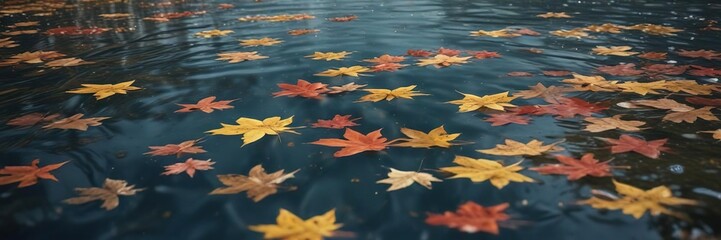 Soft focus image of falling leaves floating on the surface of the water , small scenes, peaceful scene , soft focus photography