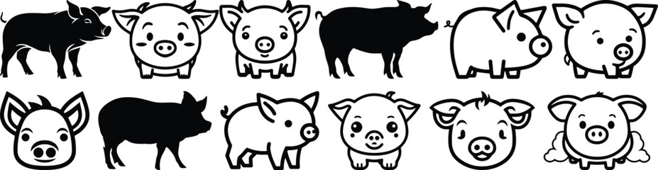 Obraz premium Pig silhouettes set, animal pack of vector silhouette design, isolated background