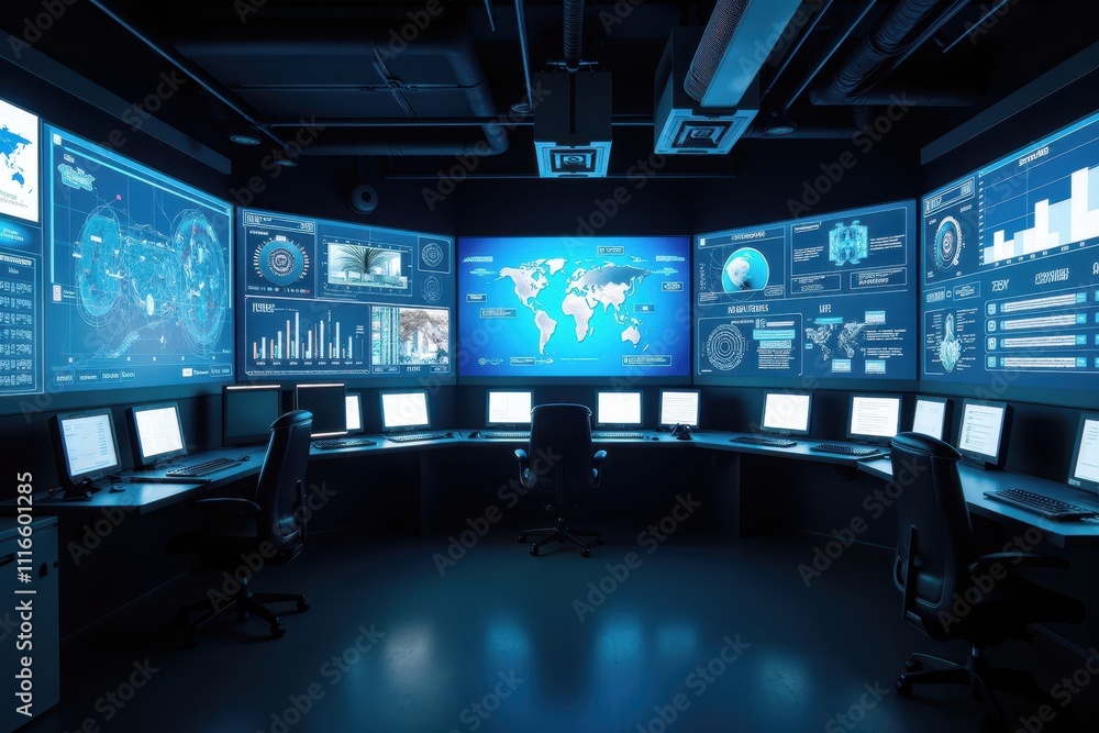 Poster modern control room with digital screens and advanced technology for data analysis and monitoring in
