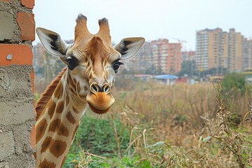 Obraz premium Giraffe Peeking Through Wall in Urban Environment