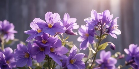 Softly glowing violet flowers with delicate petals unfolding in the gentle morning light, serene atmosphere, botanical print
