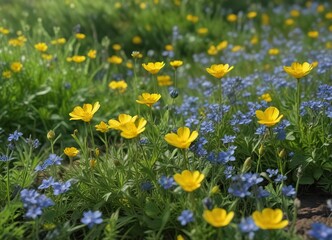 Fototapeta premium Vibrant yellow buttercups growing among delicate blue wildflowers, wildflowers, bright colors, sunny meadow