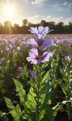 Fototapeta premium A field of Belgian chicory in full bloom with the sun shining down on the plants , agricultural field, sun, natural beauty