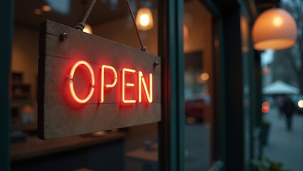 Bright glowing open sign welcomes visitors to cozy cafe in evening glow of city street