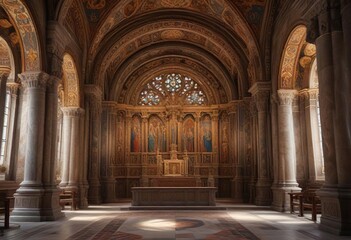 Obraz premium Church with ornate stone carvings and frescoes, stained glass windows, ornate stone carvings, ancient stones