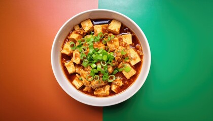 Mapo tofu cubes and minced pork in a spicy sauce topped with chopped green onions, Chinese food menu isolated on vivid color
