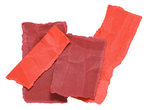 Stack of red crumpled wrinkled crushed pieces scraps, stripes or snippets of torn paper, isolated png transparent background design element