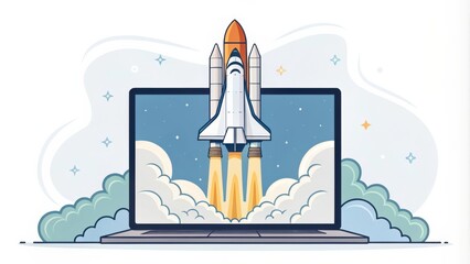 Launching a Space Rocket From a Laptop Screen Illustrates Modern Technology. Generative AI