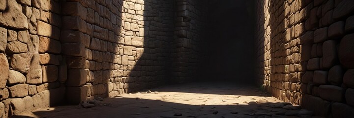 Fototapeta premium Stone wall in a dimly lit corridor with shadows, shadows, dark background, mysterious