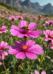 Fototapeta premium Bees gathering nectar from a vibrant pink flower in a lush meadow, summer, flowers, bloom