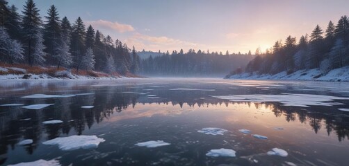 Snowflakes gently falling on a frozen lake in Bad Kissingen Bayern, serene environment, frozen lake, frosty atmosphere