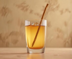 Fototapeta premium A hand holding a curved straw in front of a beige-colored liquid filled glass , beige milkshake, drink