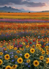Fototapeta premium Colorful flower field with sunflowers and wildflowers, open fields, greenery, natural landscape