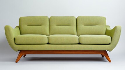 Fototapeta premium Stylish Mid-Century Modern Green Sofa - A beautiful green mid-century modern sofa featuring sleek lines and a wooden base, perfect for stylish living spaces and contemporary design aesthetics.