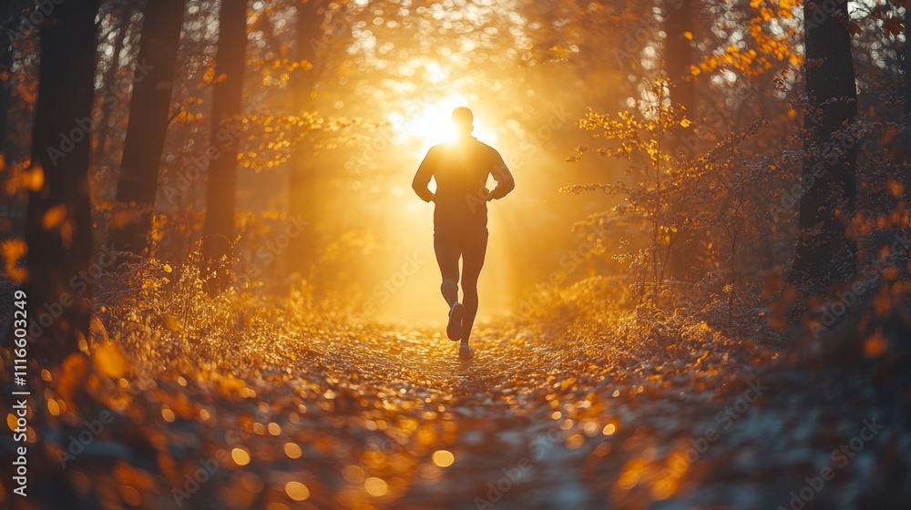 Aufkleber a jogger enjoys a morning run along a serene forest path. the warm sunlight filters through trees, c