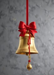 A gold clapper hanging from a red string, attached to a red bow wrapped around a bell , decorative hardware, holiday decoration, ornamentation