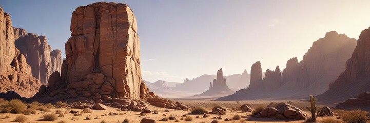 A massive stone monument with a strong, imposing presence in the desert landscape , rock, vastness, sand