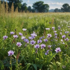 Fototapeta premium A patch of Belgian chicory growing in a meadow with wildflowers and tall grasses , rural landscape, floral arrangement , wildflowers