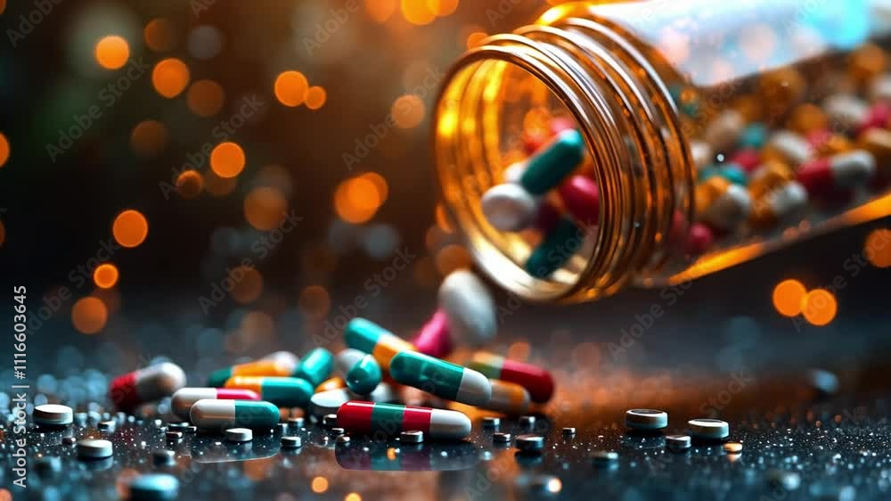 Poster colorful pills spill from a jar with a sparkling backdrop creating a vivid composition