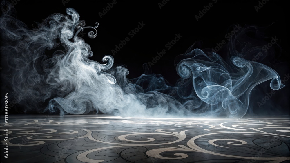 Poster mystical mist swirling in dark and light with intricate patterns on the ground. generative ai