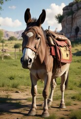 An asino attached to the back of a donkey in a pasture, natural environment , rural scene, countryside scenery