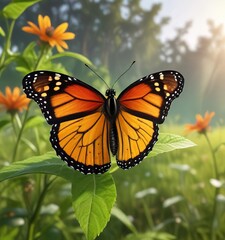 Naklejka premium a monarch butterfly perched on a leaf in a vibrant meadow, wildflower, landscape