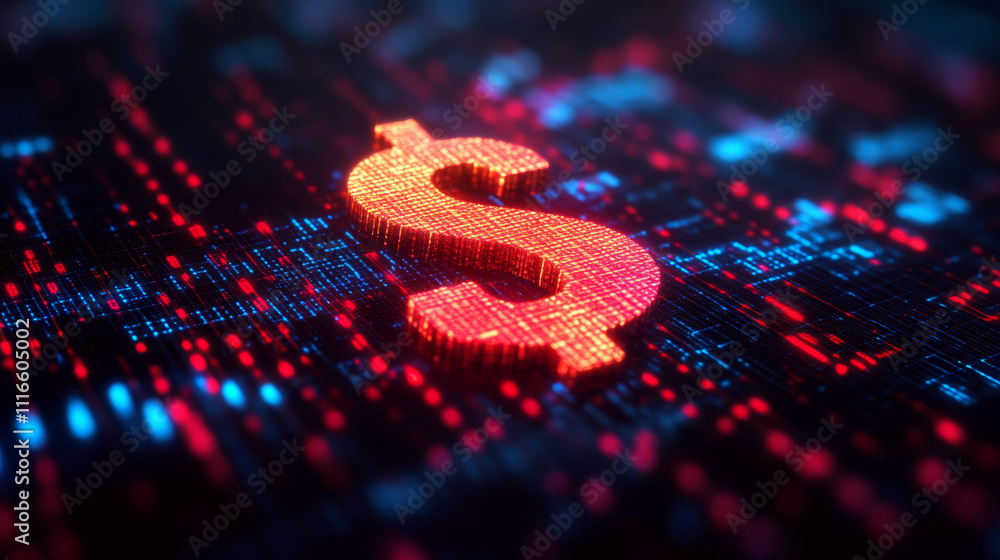 Poster a glowing digital dollar sign is surrounded by abstract data patterns in red and blue. concept of di