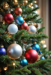 Fototapeta premium Icy Ornaments and Balls on the Christmas Tree Base, holiday, snowy