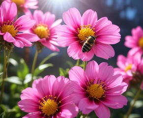 tiny bee collecting nectar from a bright pink flower with sunlight , insects, rays
