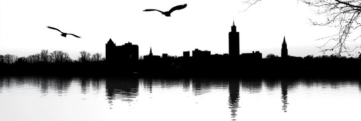 Obraz premium Silhouette of Ames, Iowa: A Black and White Artistic Interpretation of Downtown Architecture