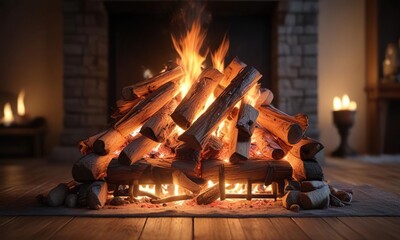 crackling flames on a cold Christmas night near the fireplace, peaceful scene, crackling flames, cold winter night