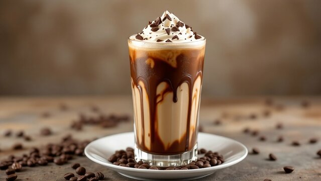 Delicious Iced Coffee with Whipped Cream and Chocolate Drizzle in Glass Cup, Close-Up Photograph pc, laptop wallpaper