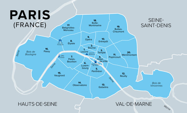 Arrondissements of Paris, capital of France, Europe, political map. Paris is divided into 20 municipal arrondissements. They spiral outwards clockwise, starting with Louvre, the first arrondissement.