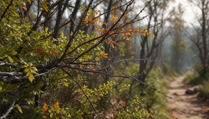 Fototapeta premium Barbed wire tangled in a bush with twigs and leaves, bush, outdoor