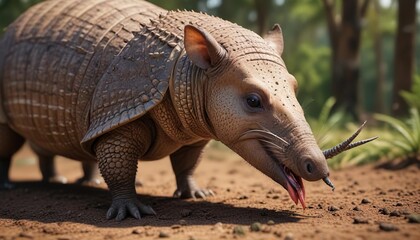 Fototapeta premium An armadillo's snout stretching out to catch insects with an extended tongue, insectivore, prey