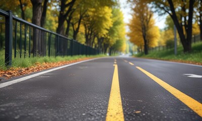 Low-angle shot of asphalt road with metal railing and blurred trees in the background, low angle, metal railing, landscape