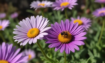 Obraz premium A bee landing on a small purple daisy in a garden, garden, floral