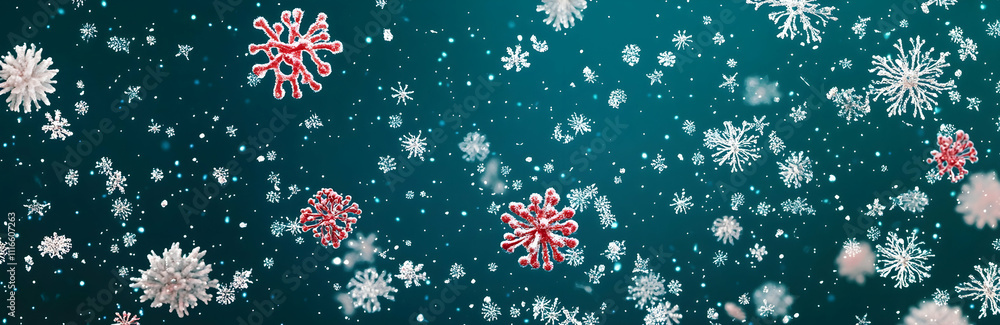 Poster a blue background with various red and white microscopic cells floating in the air, arranged at diff