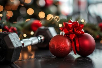Dumbbells rest on a gym floor adorned with shiny red ornaments and a festive bow, all set against a backdrop of holiday lights. Fitness. Christmas and New Year greetings. With copy space