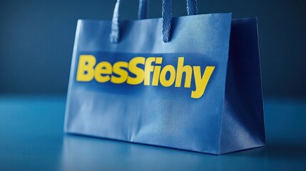Blue shopping bag with yellow logo on blue background.