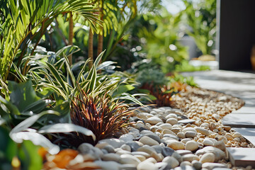 Fototapeta premium Beautiful garden with stones and plants, a walkway, background, landscape design, close-up of a modern pathway in the park with greenery and pebbles.