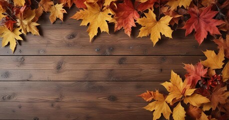 Obraz premium Autumn leaves and twigs arranged on a wooden surface to create a cozy atmosphere, seasonal decor, wood background, fall foliage