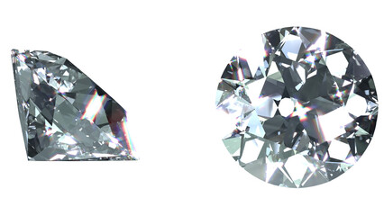 Front and above view of round brilliant cut diamond stones as 3D modeling transparent png file with simulated diamond IOR and Abbe number with optical caustics and dispersion.